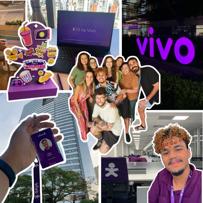 Colagem de fotos de Amós e colegas do trade marketing da Vivo